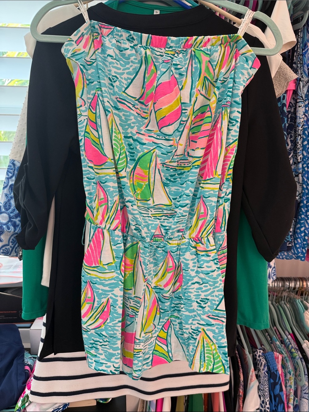 Lilly Pulitzer Pink You Gotta Regatta Strapless Romper with Belted Sash.